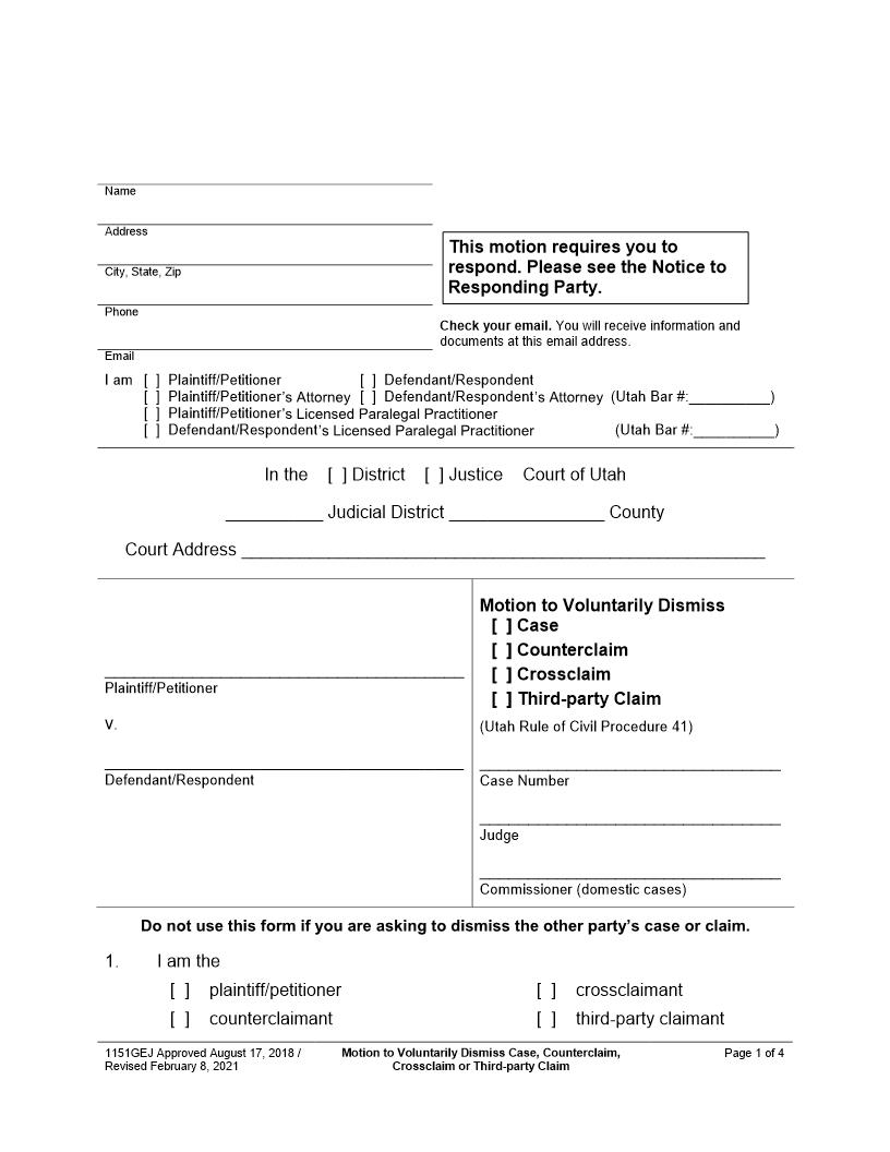 Motion To Voluntarily Dismiss {1151GEJ} | Pdf Fpdf Docx | Utah