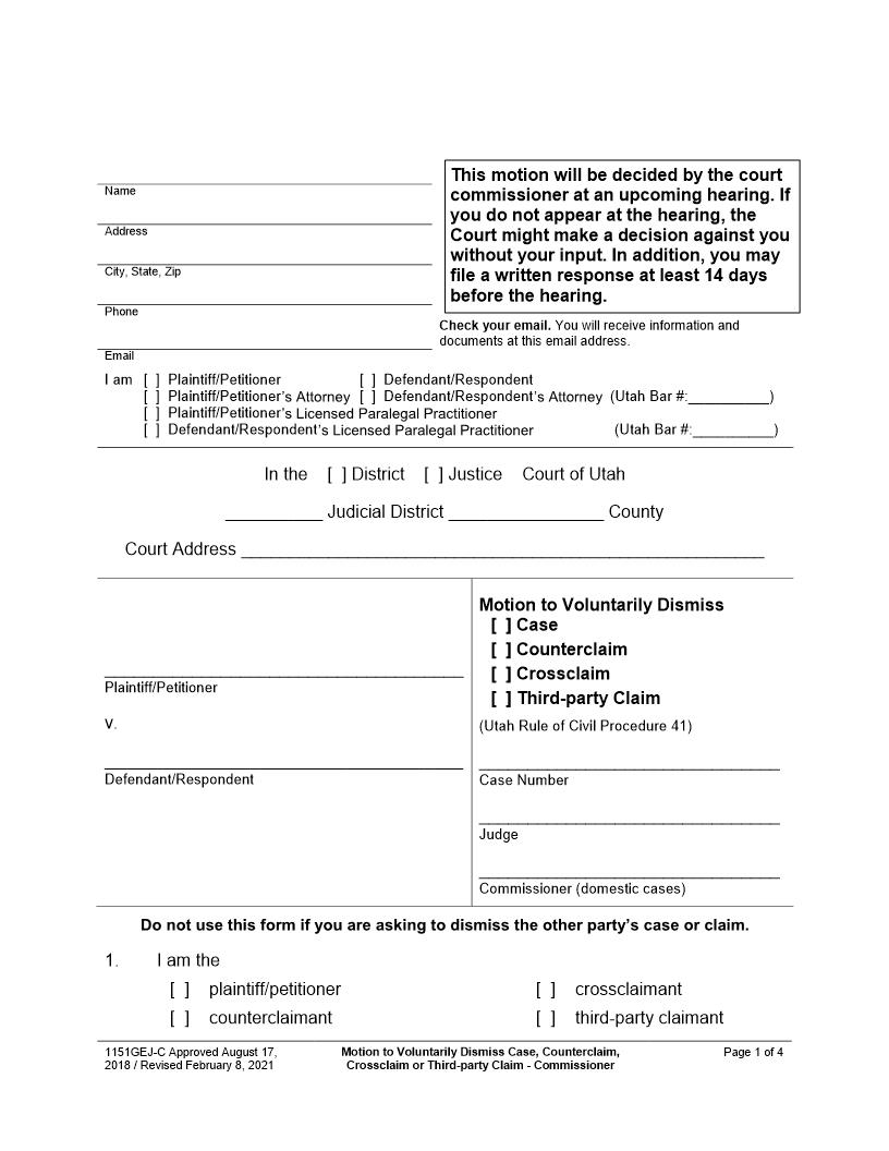 Motion To Voluntarily Dismiss - Commissioner {1151GEJ-C} | Pdf Fpdf Docx | Utah