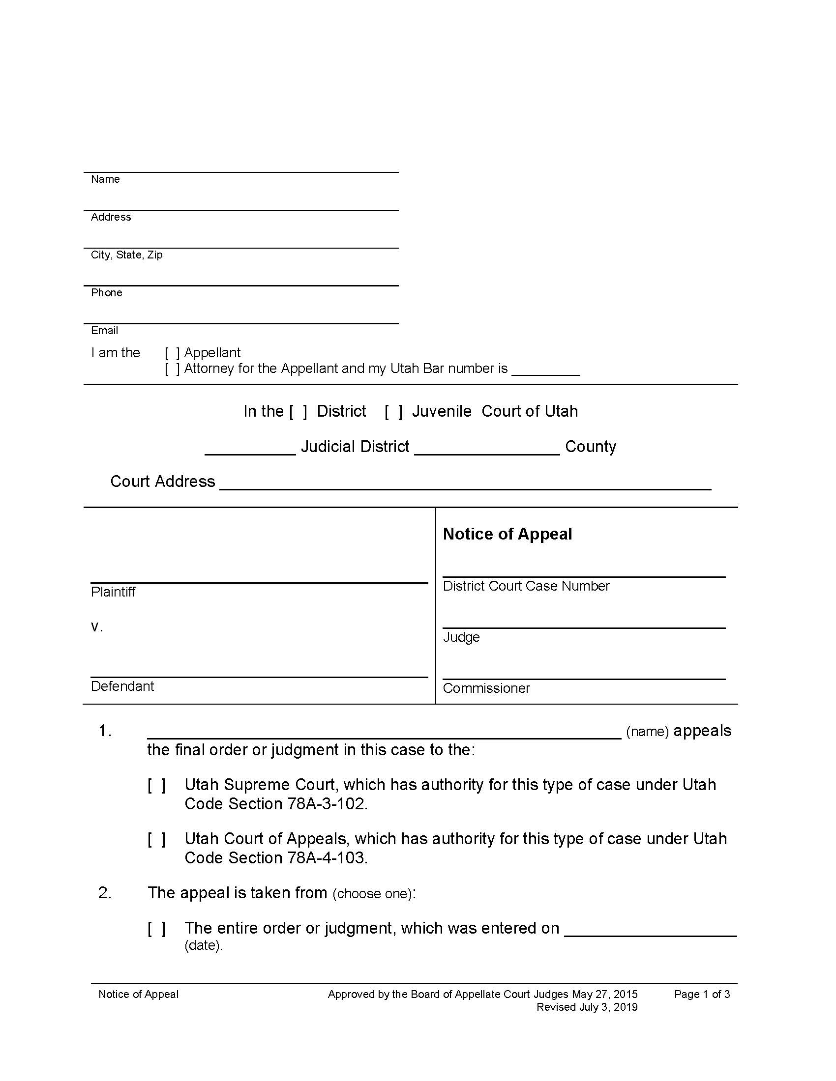 Notice Of Appeal - District Or Juvenile Court | Pdf Fpdf Docx | Utah