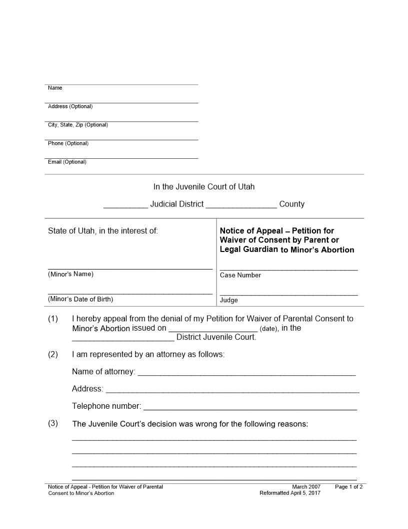 Notice Of Appeal - Petition For Waiver Parent Or Guardian Consent Minors Abortion | Pdf Fpdf Docx | Utah