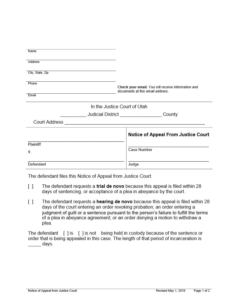 Notice Of Appeal From Justice Court | Pdf Fpdf Docx | Utah