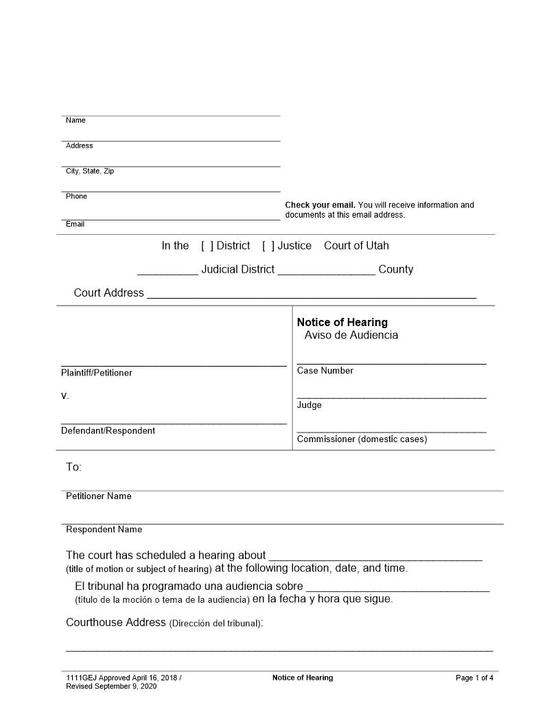 Notice Of Hearing {1111GEJ} | Pdf Fpdf Docx | Utah