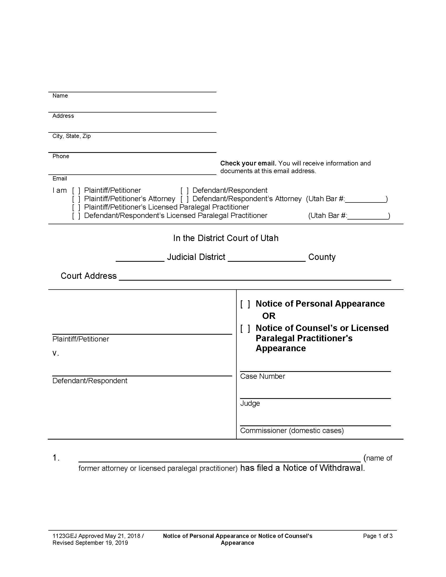 Notice Of Personal Appearance Or Notice Of Counsels Or Paralegals Appearance {1123GEJ} | Pdf Fpdf Docx | Utah