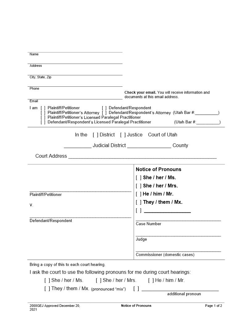 Notice Of Pronouns {2000GEJ} | Pdf Fpdf Docx | Utah