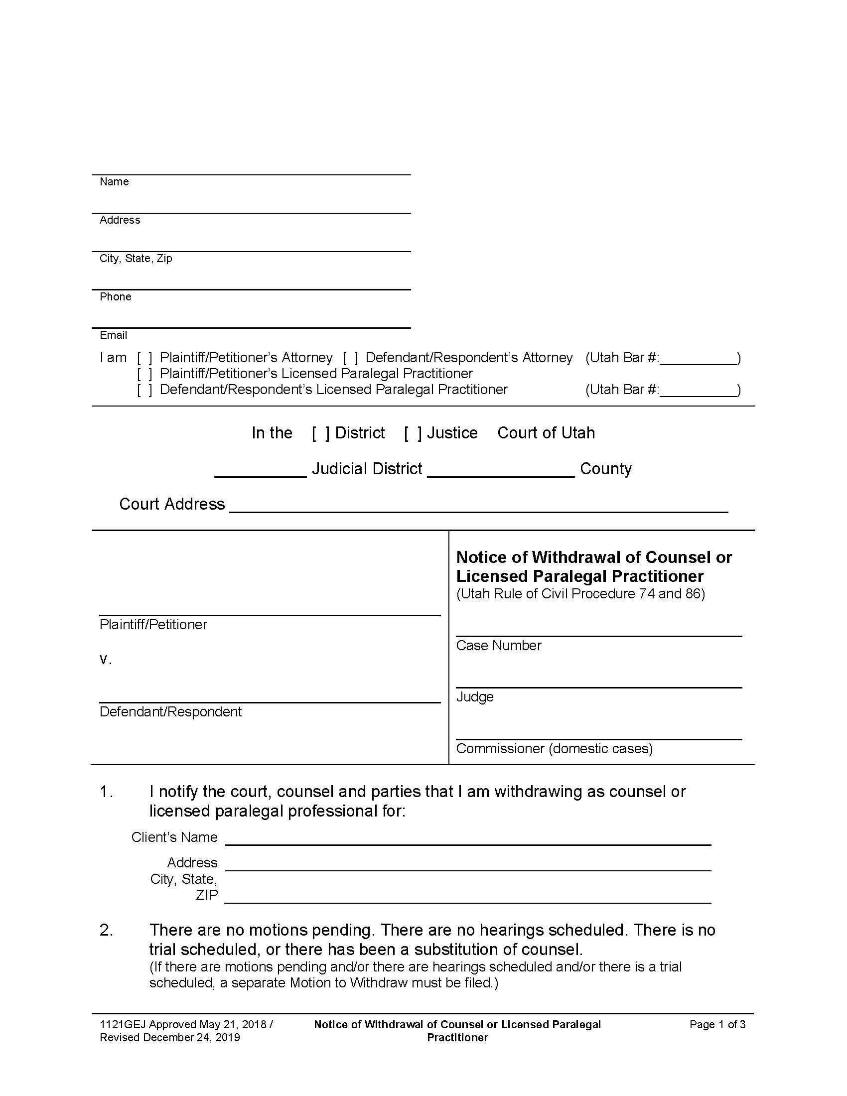 Notice Of Withdrawal Of Counsel {1121GEJ} | Pdf Fpdf Docx | Utah