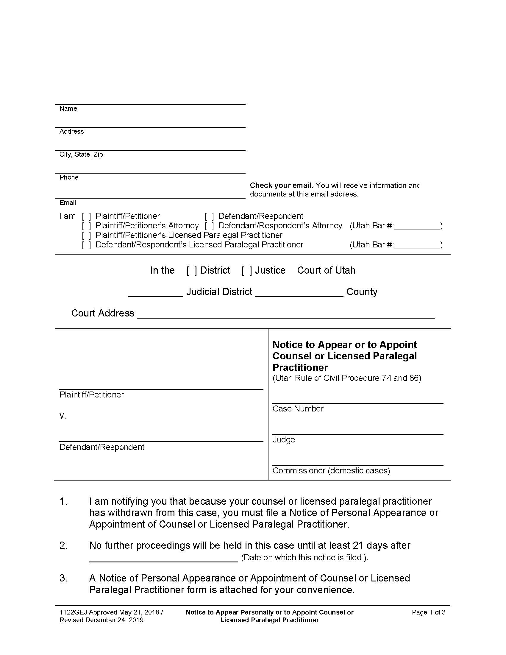 Notice To Appear Or Appoint Counsel Or Licensed Paralegal Practitioner {1122GEJ} | Pdf Fpdf Docx | Utah