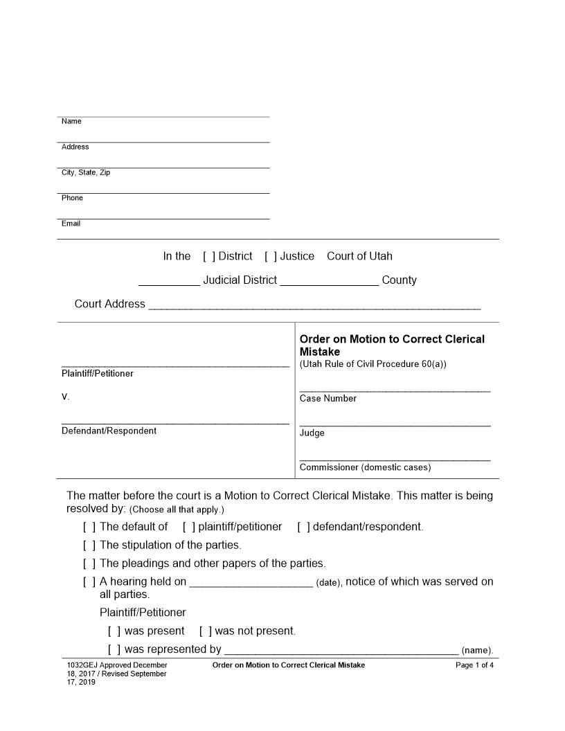 Order On Motion To Correct Clerical Mistake {1032GEJ} | Pdf Fpdf Docx | Utah