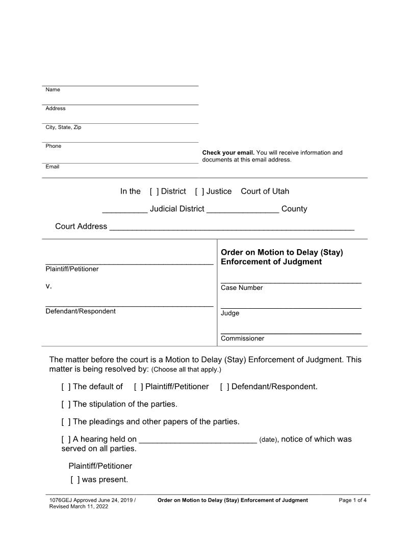 Order On Motion To Delay (Stay) Enforcement Of Judgment {1076GEJ} | Pdf Fpdf Docx | Utah