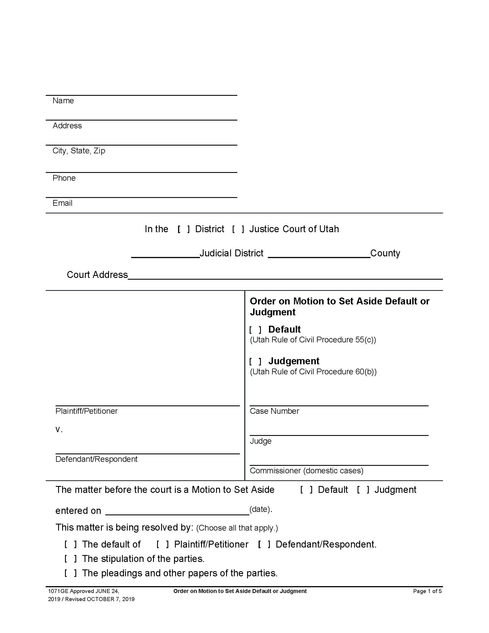 Order On Motion To Set Aside Default Or Judgment {1071GEJ} | Pdf Fpdf Docx | Utah