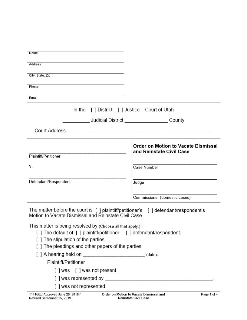 Order On Motion To Vacate Dismissal And Reinstate Civil Case {1141GEJ} | Pdf Fpdf Docx | Utah