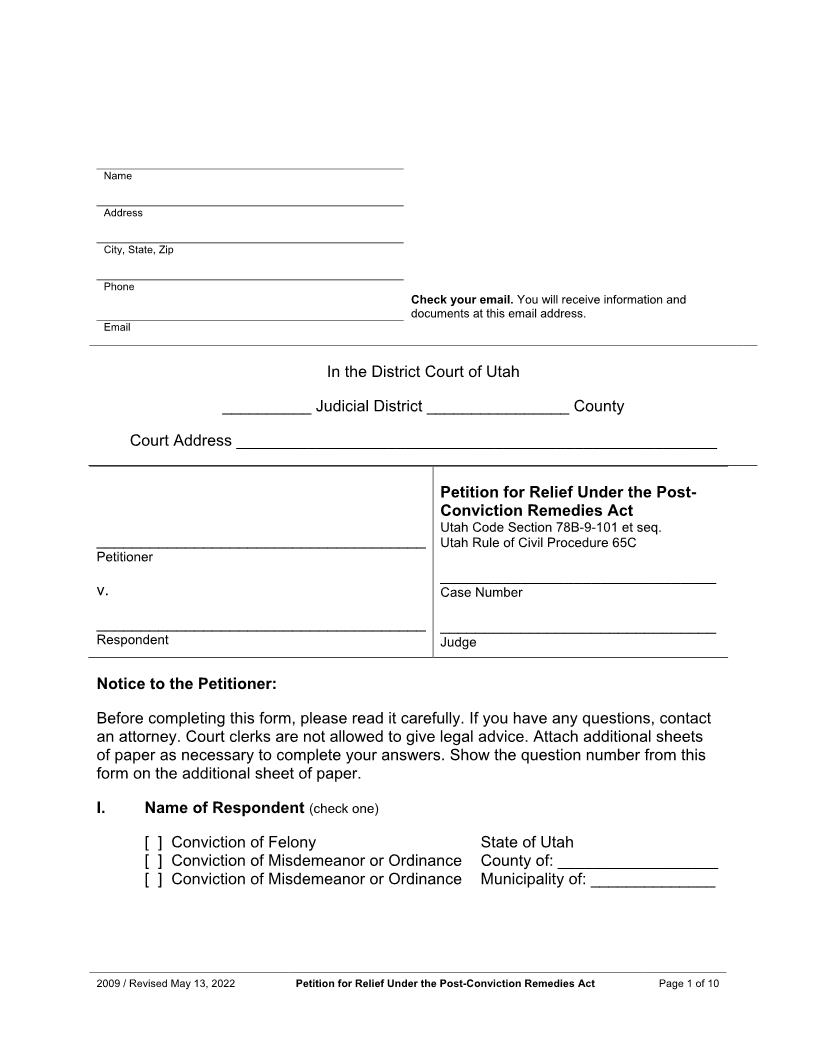 Petition For Relief Under The Post-Conviction Remedies Act {UT-PRUPCRA} | Pdf Fpdf Docx | Utah