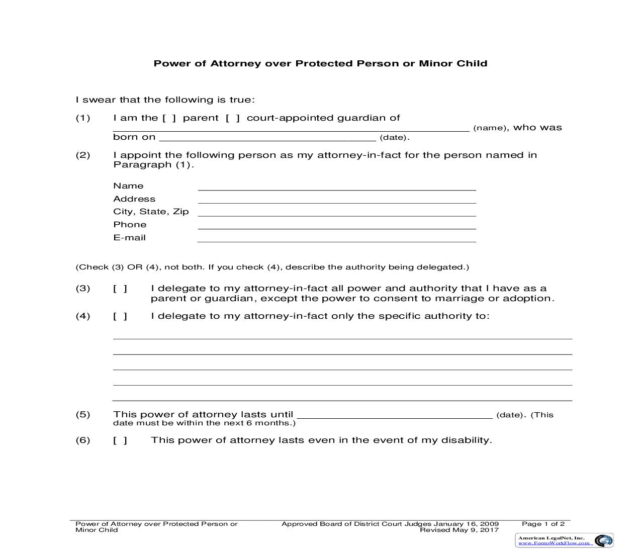 Power Of Attorney Over Protected Person Or Minor Child | Pdf Fpdf Doc Docx | Utah