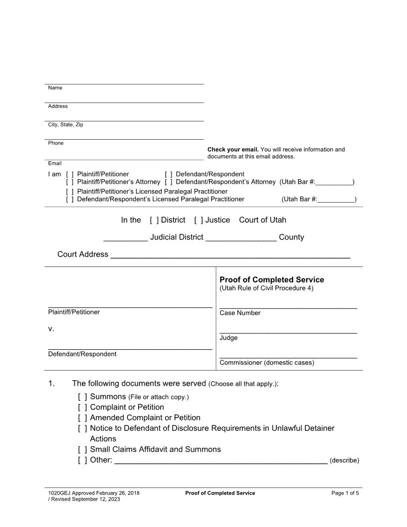 Proof Of Completed Service (URCP 4) {1020GEJ} | Pdf Fpdf Docx | Utah