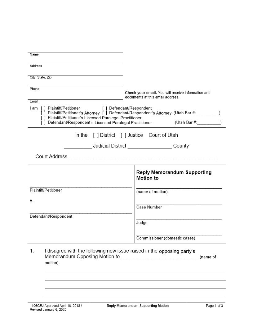 Reply Memorandum Supporting Motion {1106GEJ} | Pdf Fpdf Docx | Utah