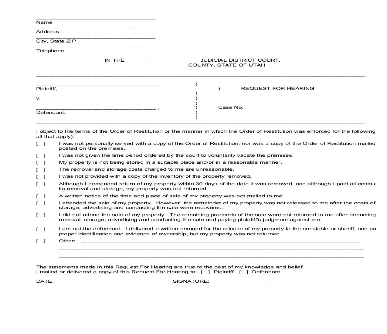 Request For Hearing (Objection To Order Of Restitution) | Pdf Fpdf Doc Docx | Utah