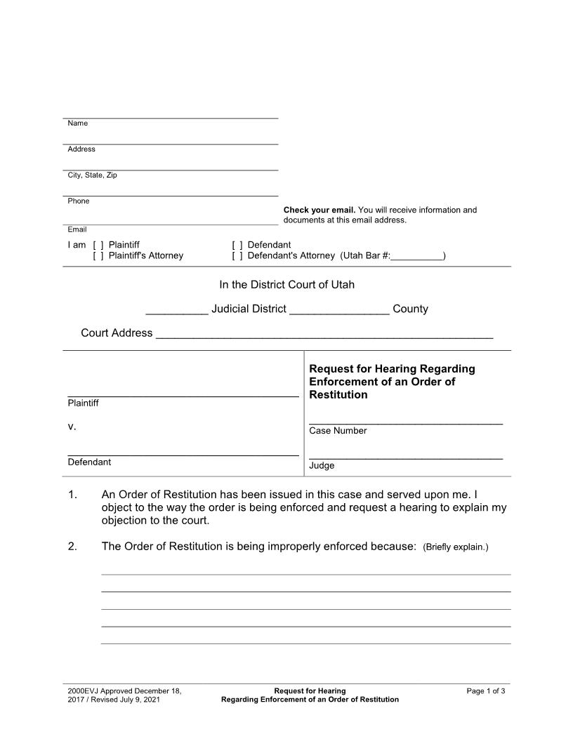 Request For Hearing Regarding Enforcement Of An Order Of Restitution {2000EVJ} | Pdf Fpdf Docx | Utah