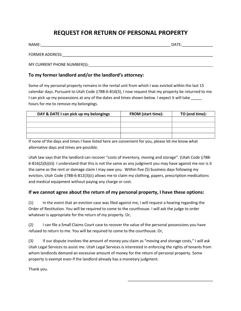 Request For Return Of Personal Property | Pdf Fpdf Docx | Utah