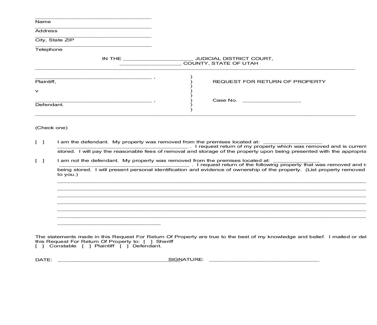 Request For Return Of Property | Pdf Fpdf Doc Docx | Utah