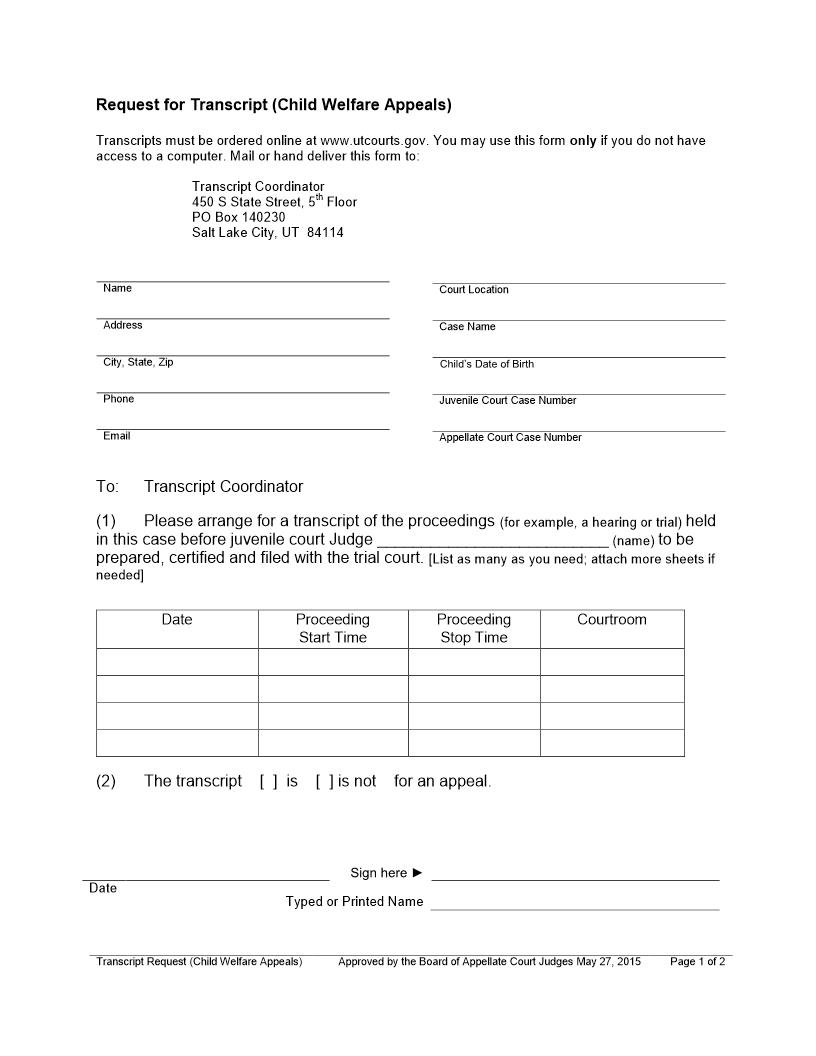 Request For Transcript (Child Welfare Appeals) | Pdf Fpdf Docx | Utah