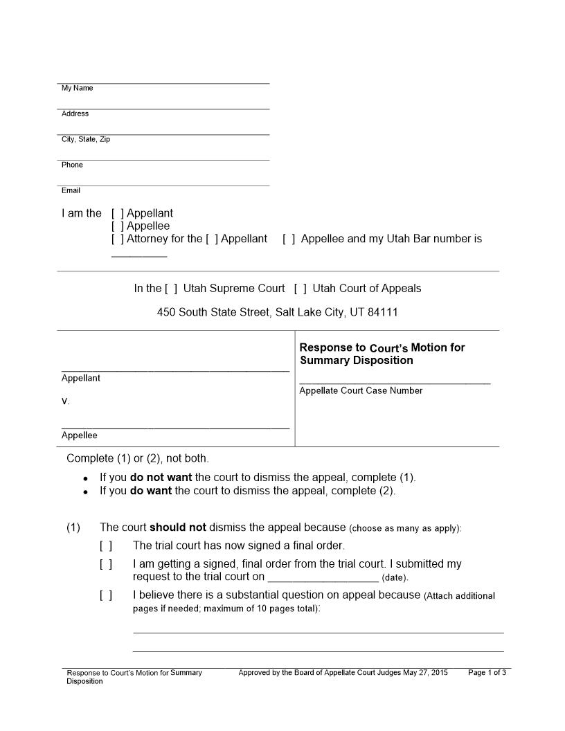 Response To Courts Motion For Summary Disposition | Pdf Fpdf Docx | Utah