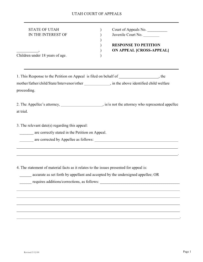 Response To Petition On Appeal (Cross Appeal) (Juvenile Court) | Pdf Fpdf Docx | Utah