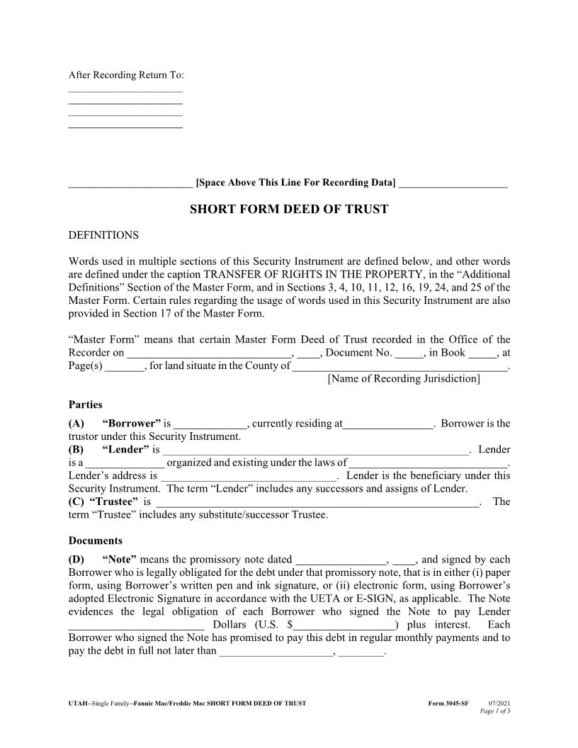 Short Form Deed Of Trust (Single Family Fannie Mae Freddie Mac) {3045-SF} | Pdf Fpdf Docx | Utah