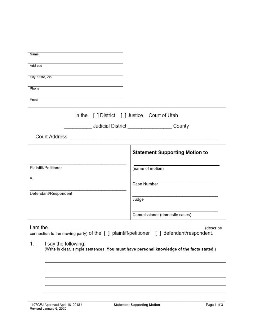 Statement Supporting Motion {1107GEJ} | Pdf Fpdf Docx | Utah
