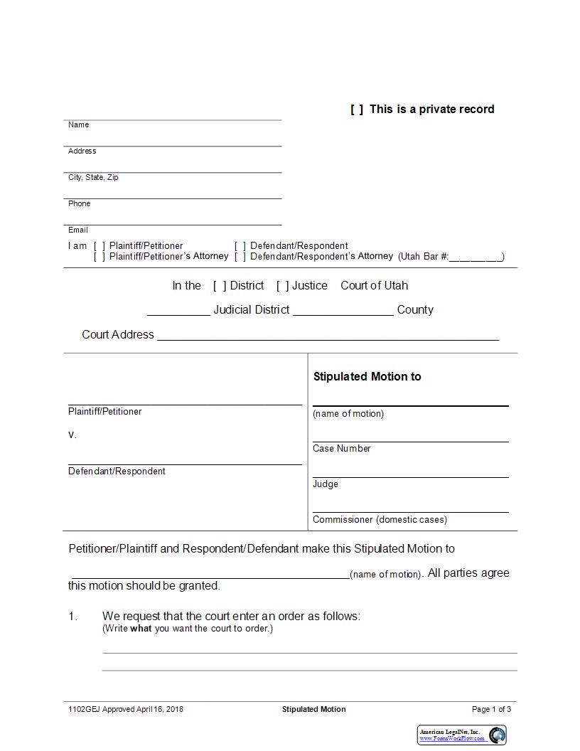 Stipulated Motion {1102GEJ} | Pdf Fpdf Docx | Utah