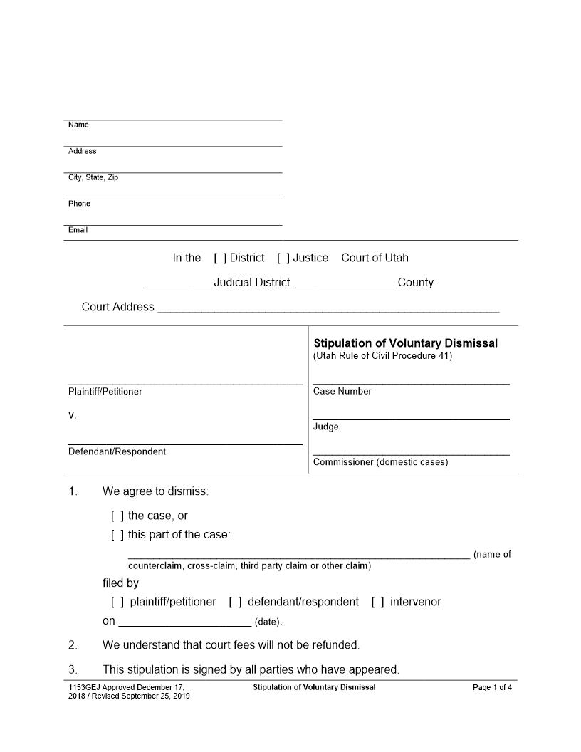Stipulation Of Voluntary Dismissal {1153GEJ} | Pdf Fpdf Docx | Utah