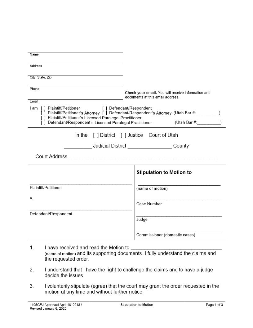 Stipulation To Motion {1105GEJ} | Pdf Fpdf Docx | Utah