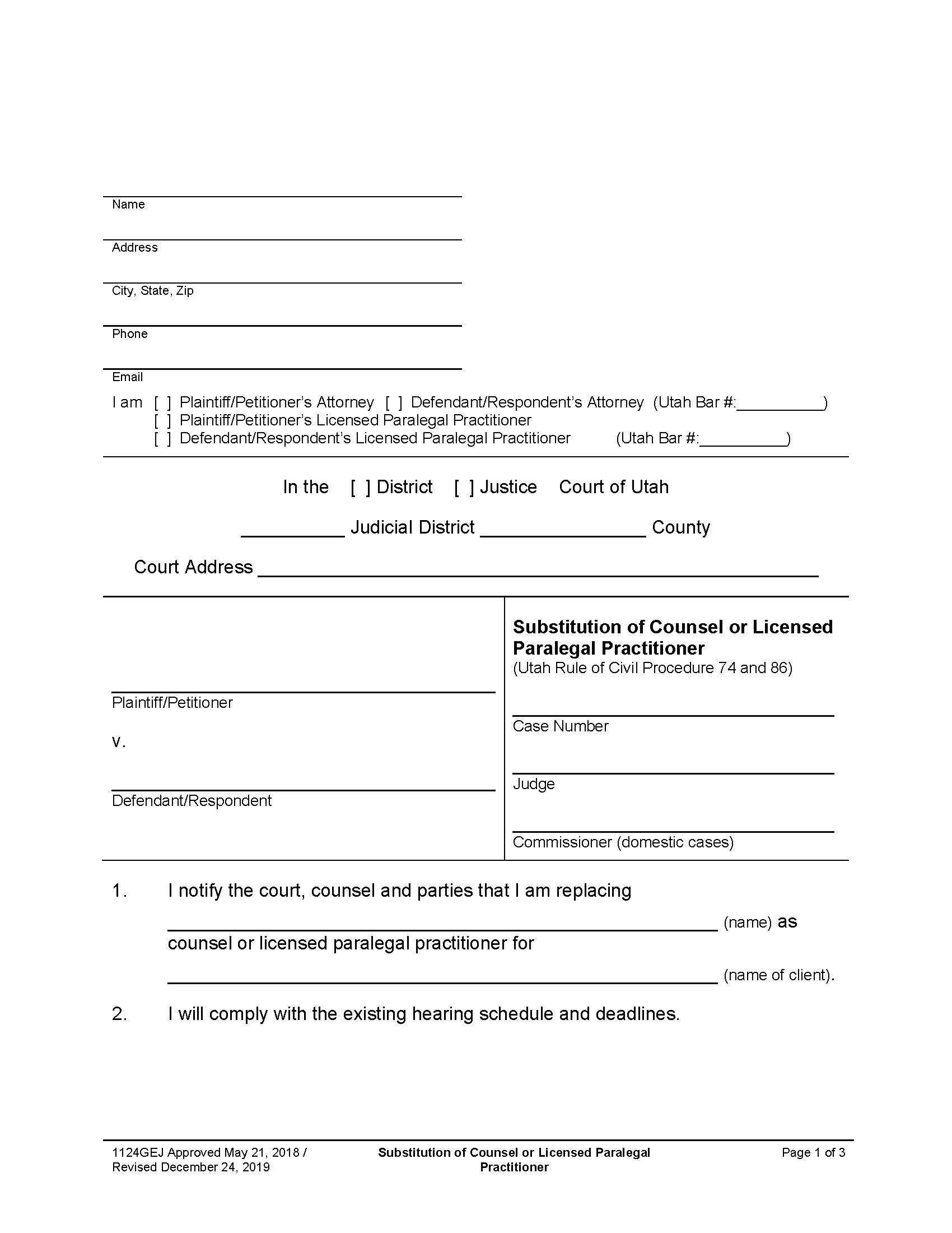 Substitution Of Counsel Or Licensed Paralegal Practitioner {1124GEJ} | Pdf Fpdf Docx | Utah