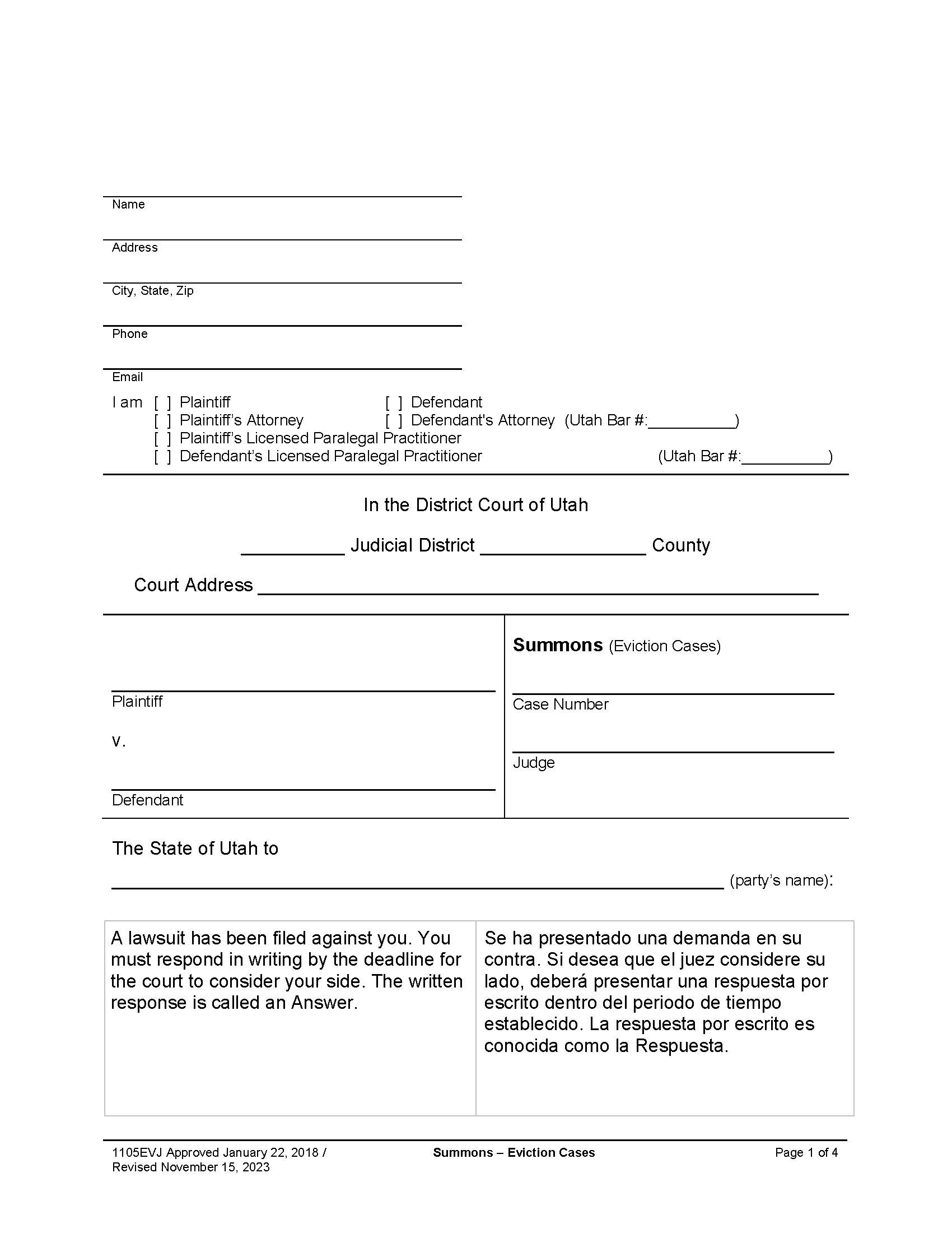 Summons (Eviction Cases) {1105EVJ} | Pdf Fpdf Docx | Utah