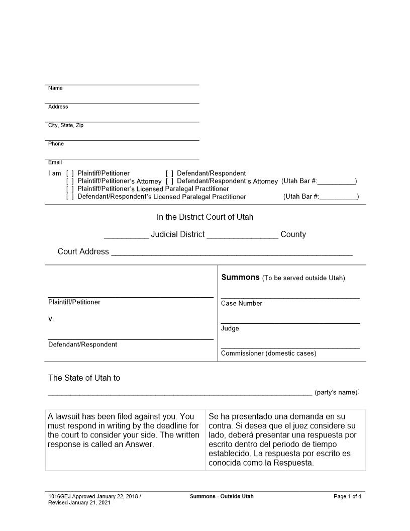 Summons - Outisde Utah {1016GEJ} | Pdf Fpdf Docx | Utah