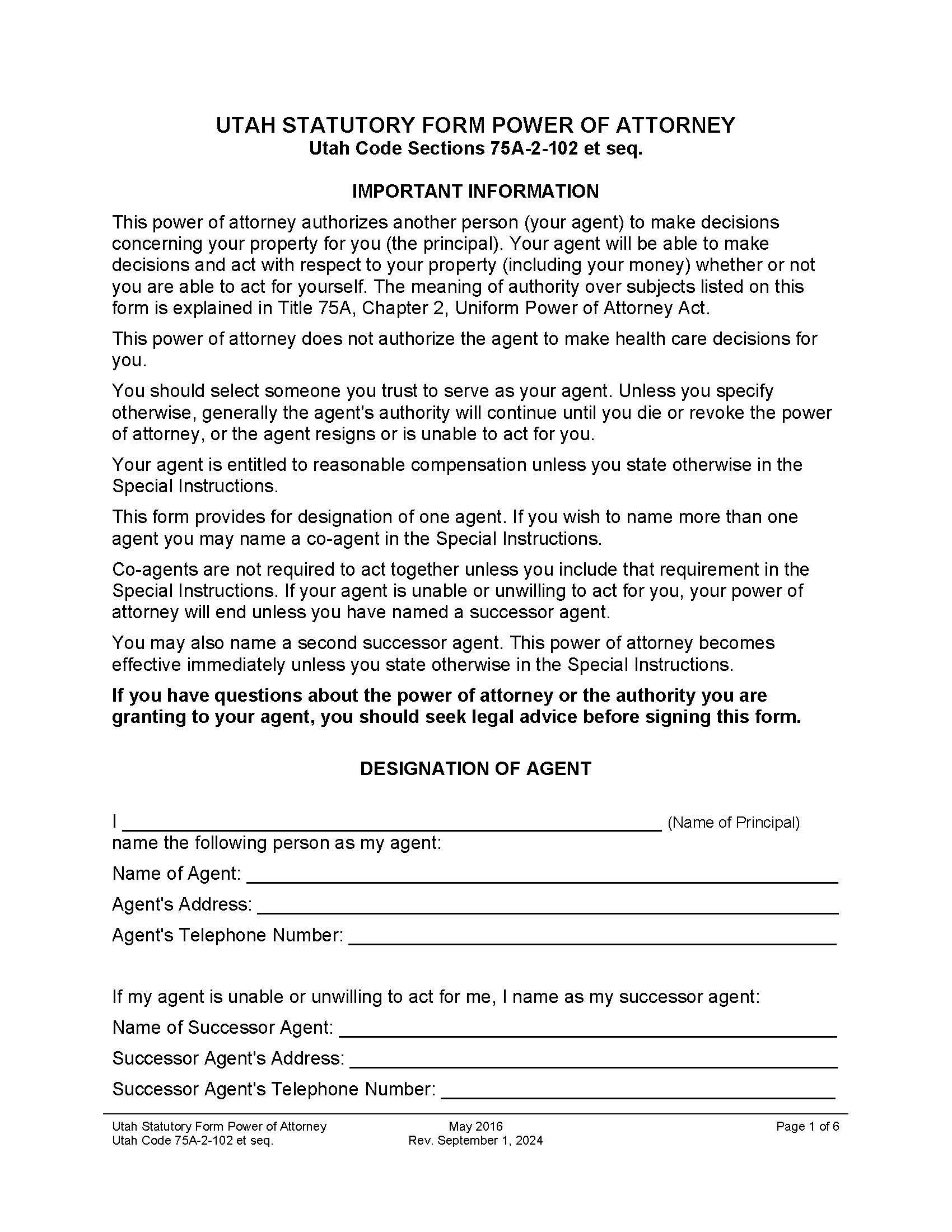 Utah Statutory Power Of Attorney | Pdf Fpdf Docx | Utah