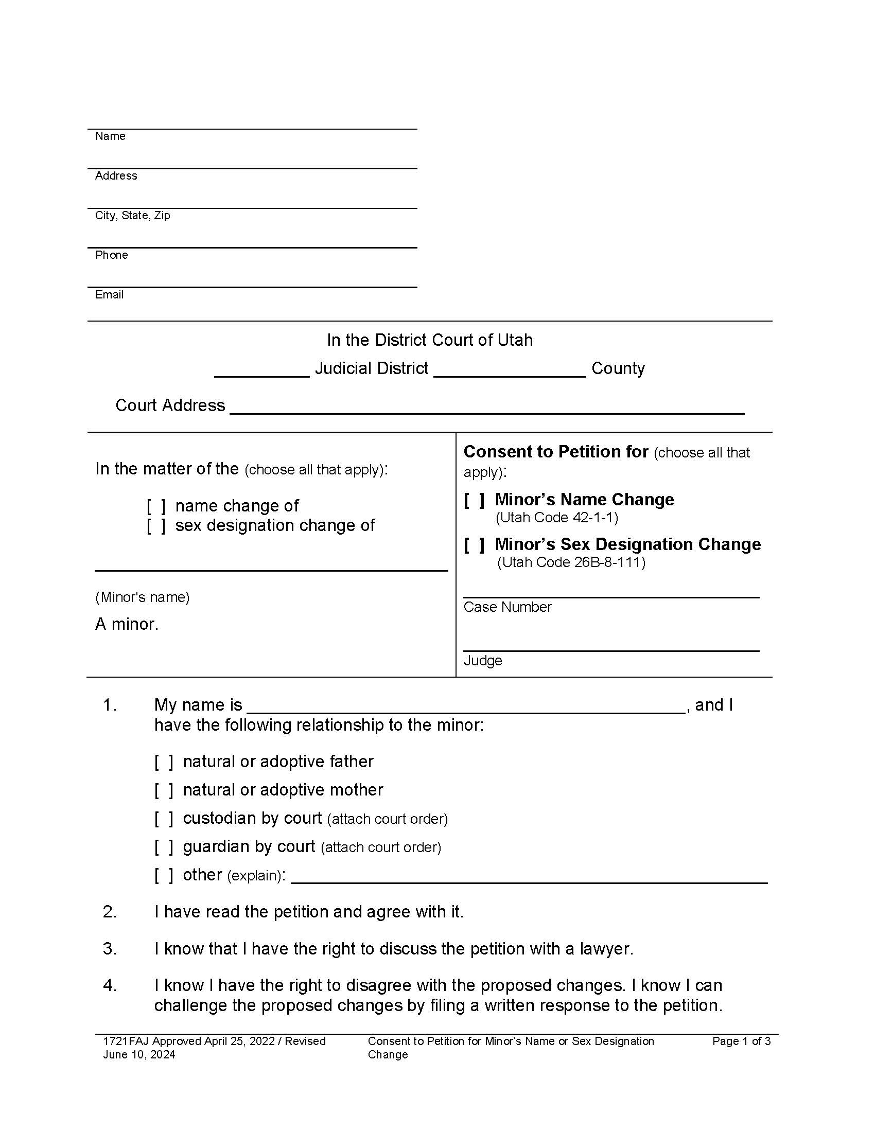 Consent To Minors Name Or Sex Change {1721FAJ} | Pdf Fpdf Docx | Utah