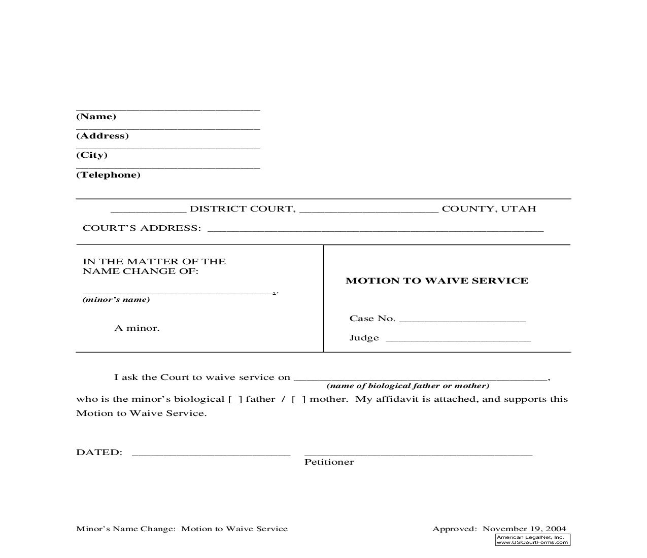 Motion To Waive Service | Pdf Fpdf Doc Docx | Utah