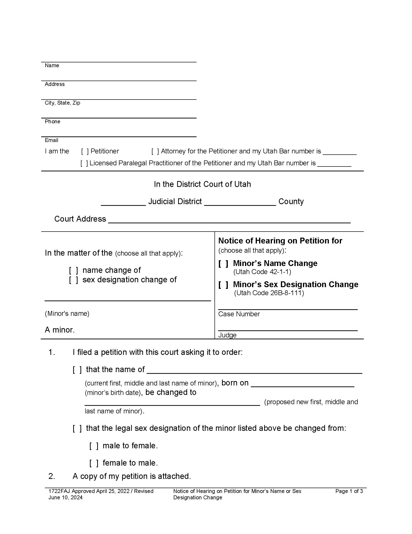 Notice Of Hearing On Petition For Minors Name Or Sex Change {1722FAJ} | Pdf Fpdf Docx | Utah