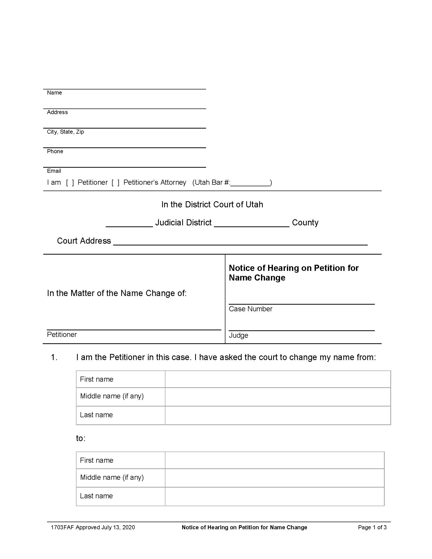 Notice Of Hearing On Petition For Name Change {1703F AF} | Pdf Fpdf Doc Docx | Utah