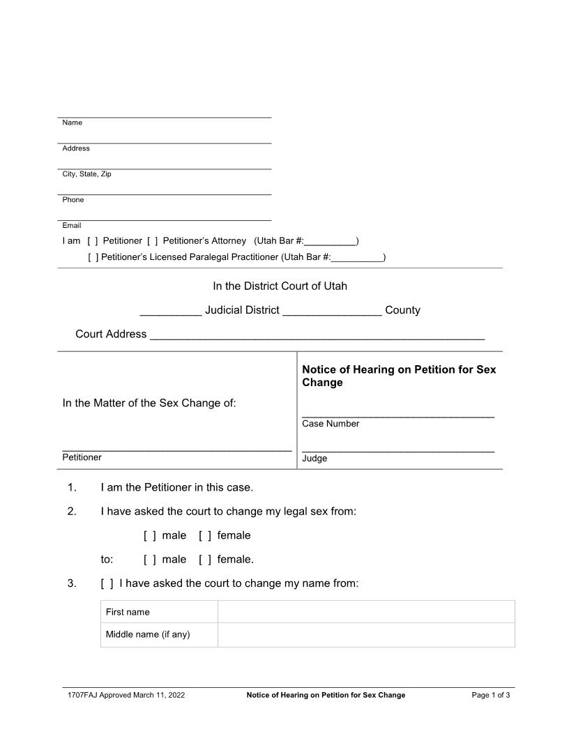 Notice Of Hearing On Petition For Sex Change (Adult) {1707FAJ} | Pdf Fpdf Docx | Utah