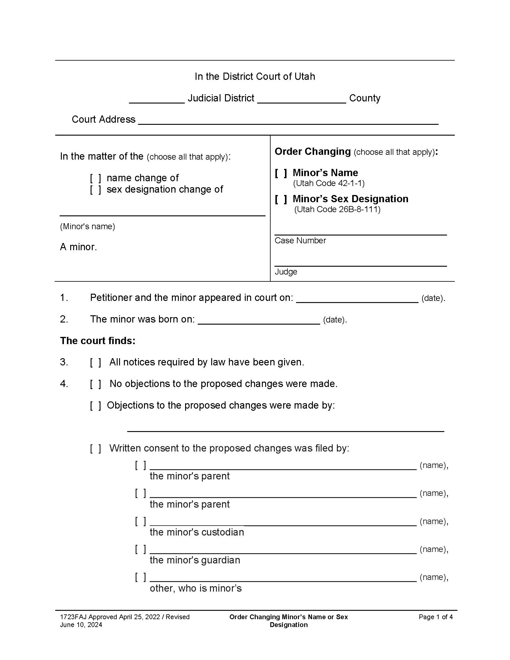 Order Changing Minors Name Or Sex {1723FAJ} | Pdf Fpdf Docx | Utah