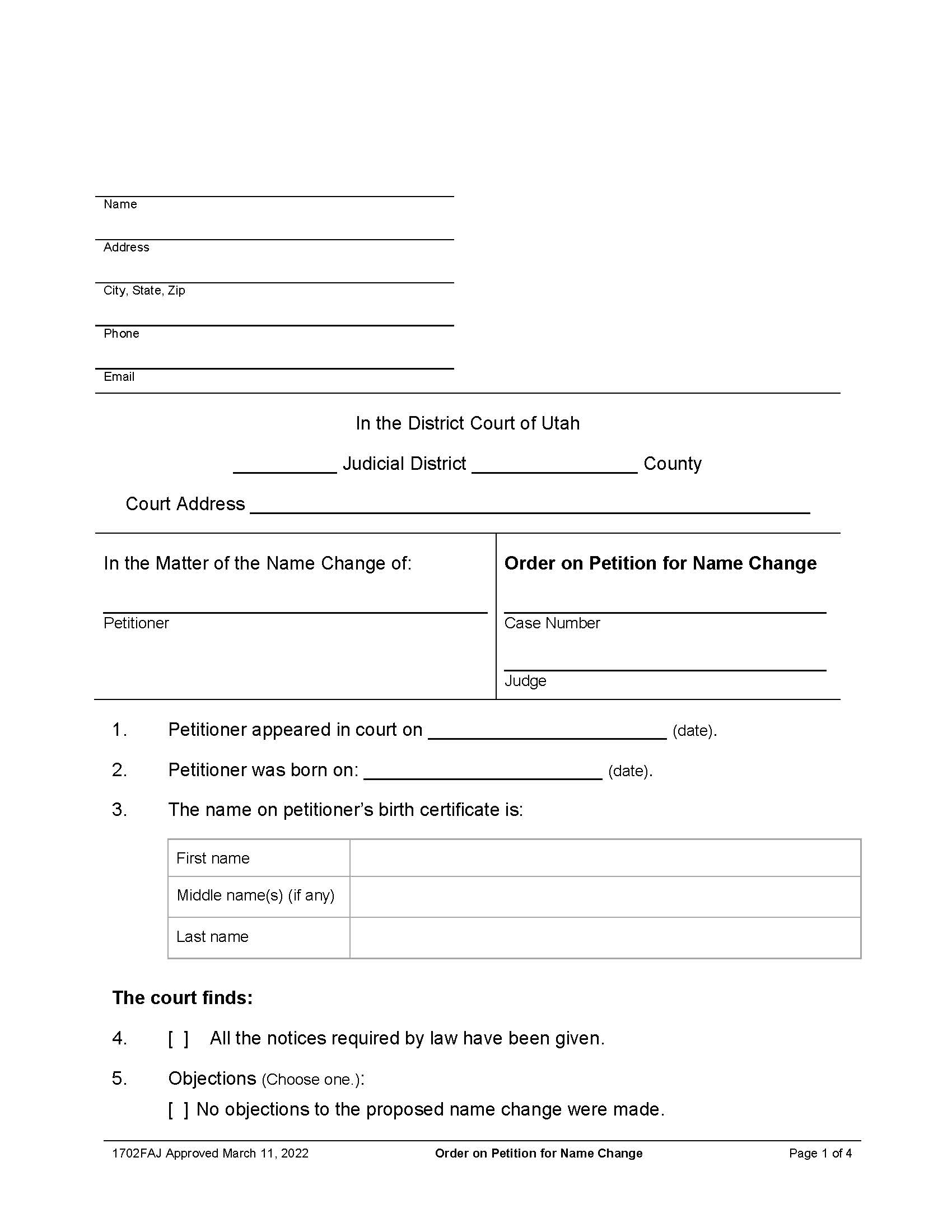 Order On Petition For Name Change {1702FAJ} | Pdf Fpdf Doc Docx | Utah
