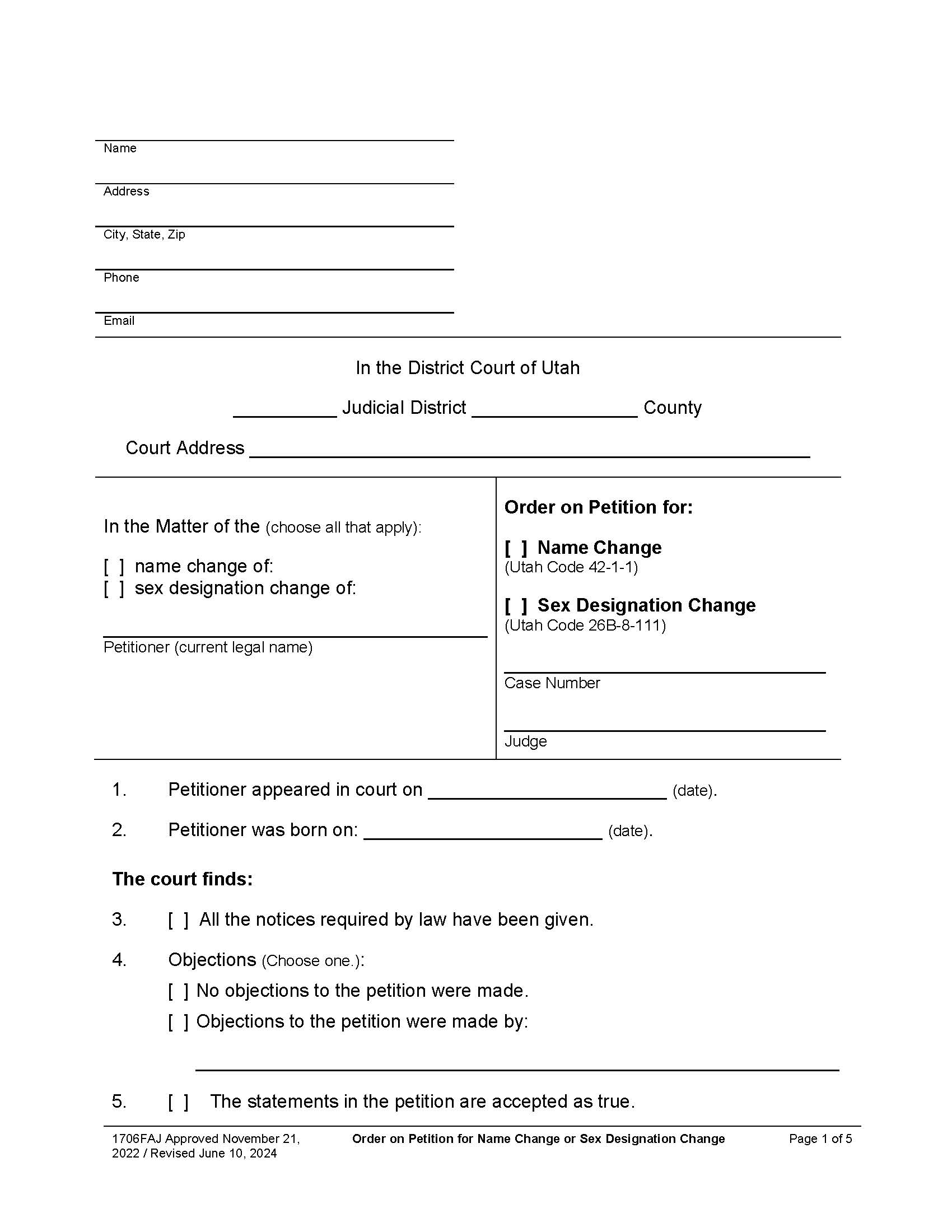Order On Petition For Sex Change {1706FAJ} | Pdf Fpdf Docx | Utah