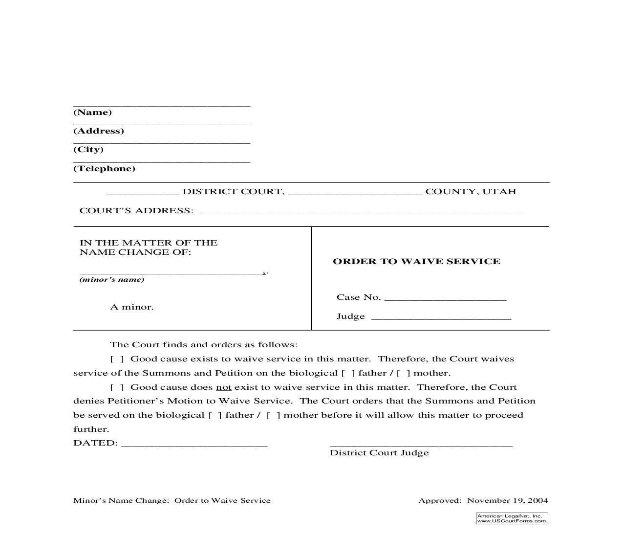 Order To Waive Service | Pdf Fpdf Doc Docx | Utah