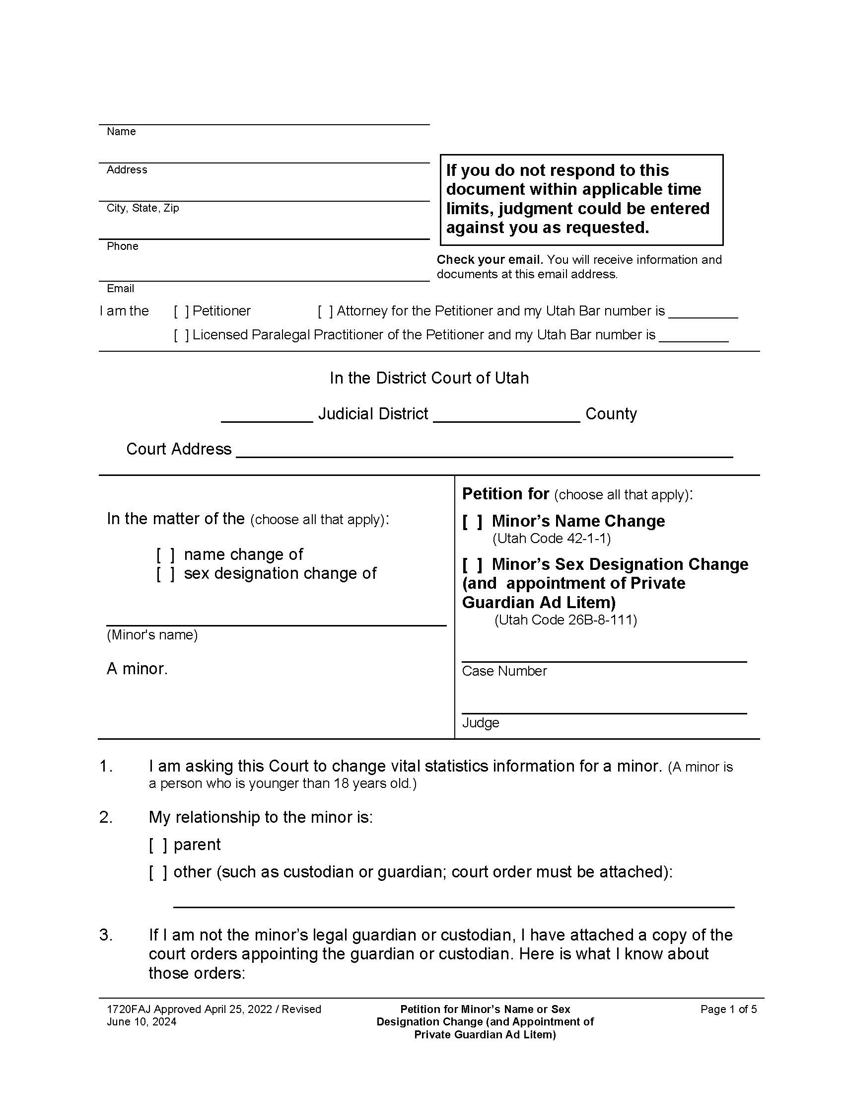 Petition For Minors Name Or Sex Change {1720FAJ} | Pdf Fpdf Docx | Utah