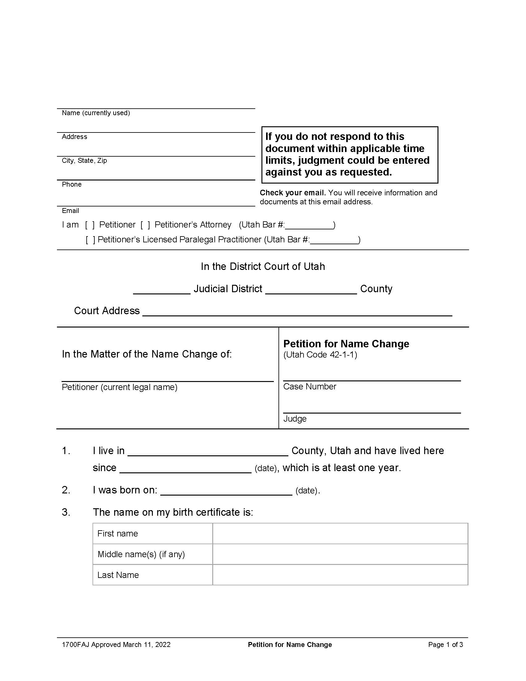 Petition For Name Change {1700FAJ} | Pdf Fpdf Doc Docx | Utah