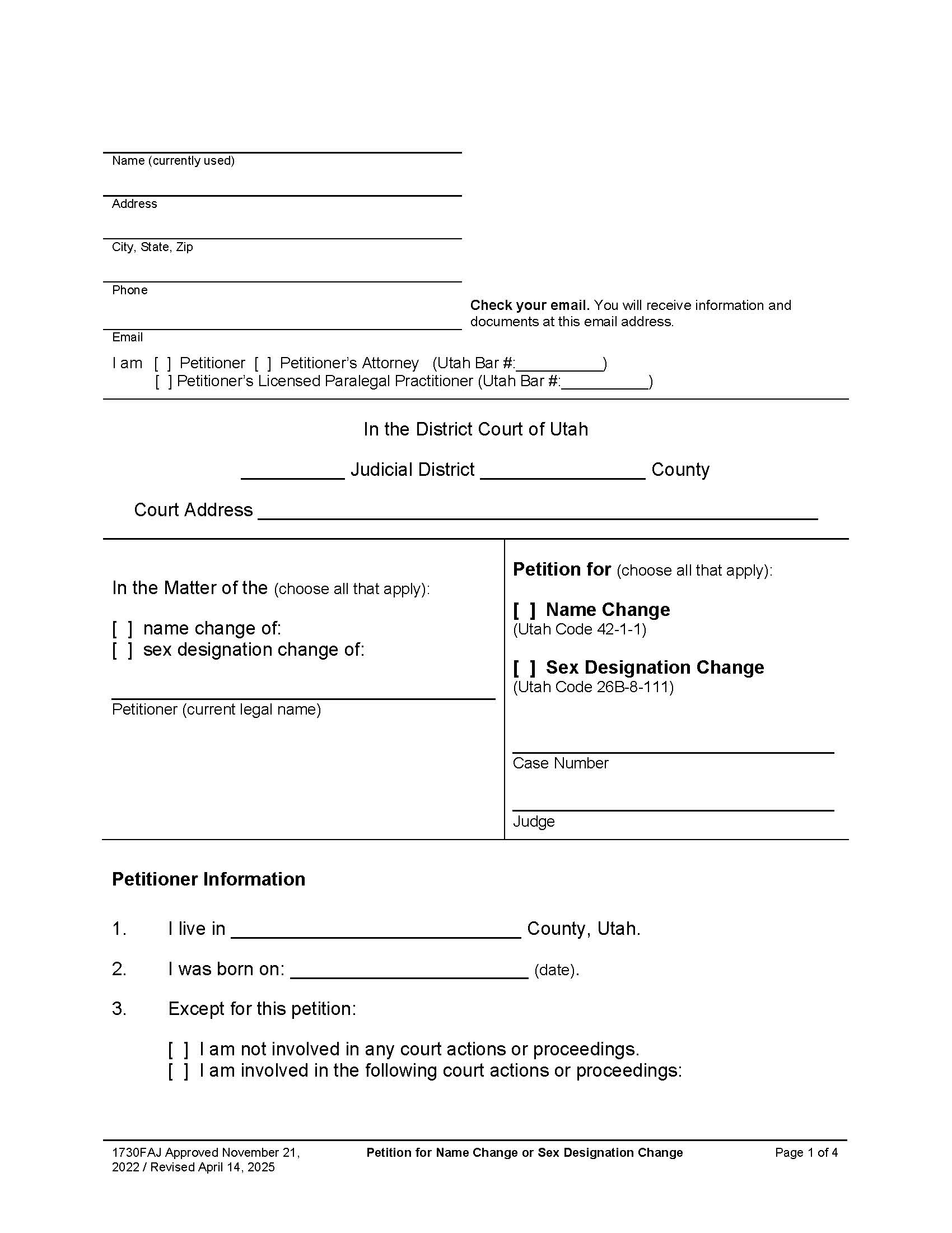 Petition For Name Or Sex Change {1730FAJ} | Pdf Fpdf Doc Docx | Utah