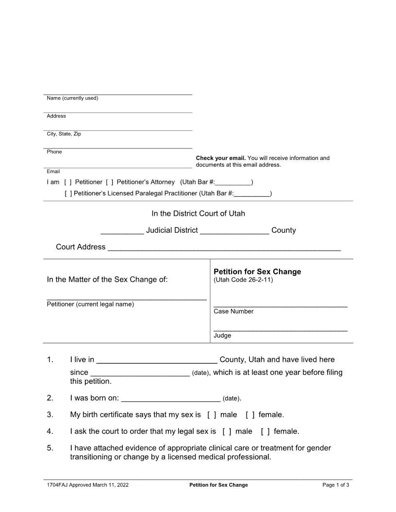 Petition For Sex Change {1704FAJ} | Pdf Fpdf Docx | Utah