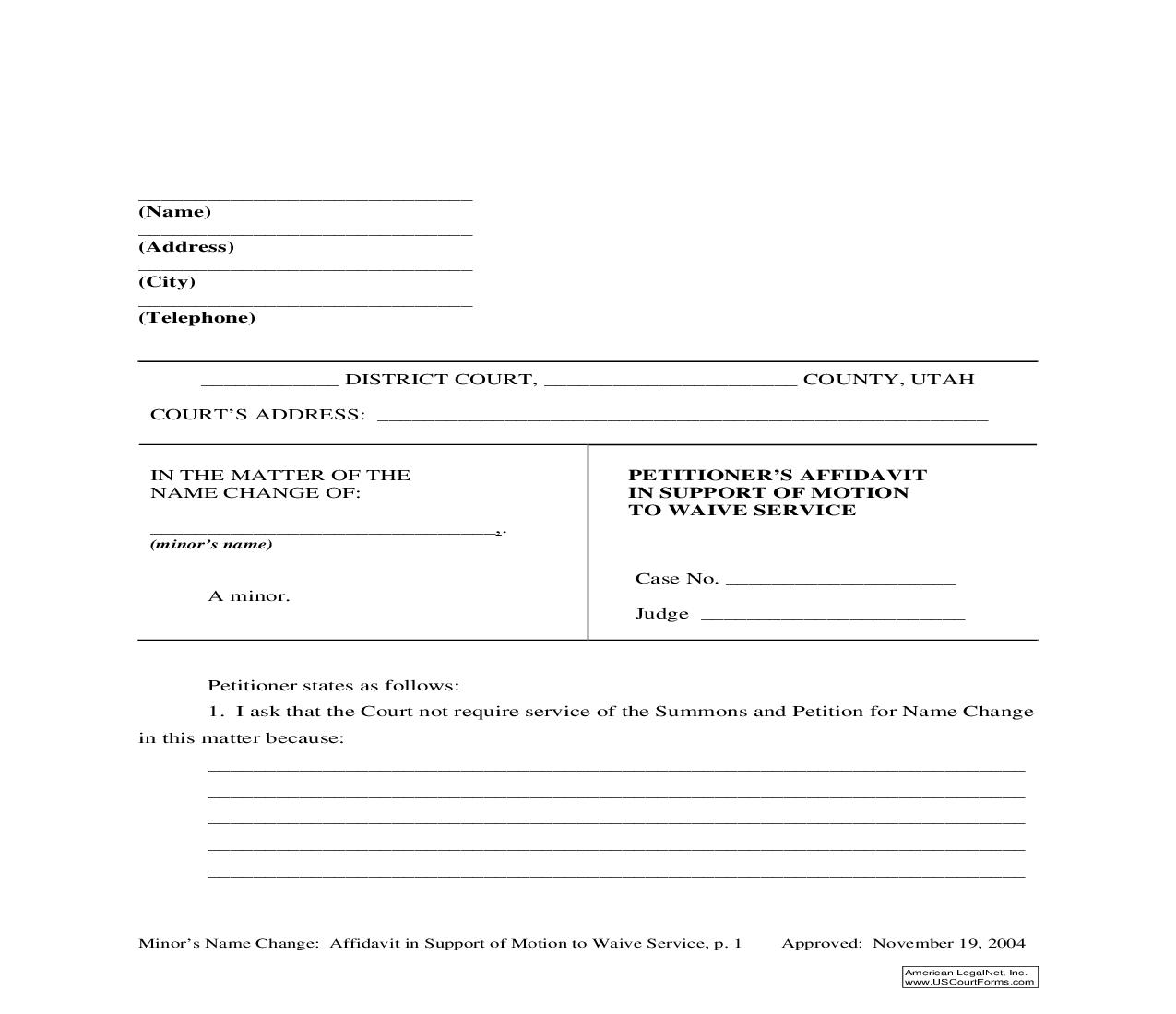 Petitioners Affidavit In Support Of Motion To Waive Service | Pdf Fpdf Doc Docx | Utah