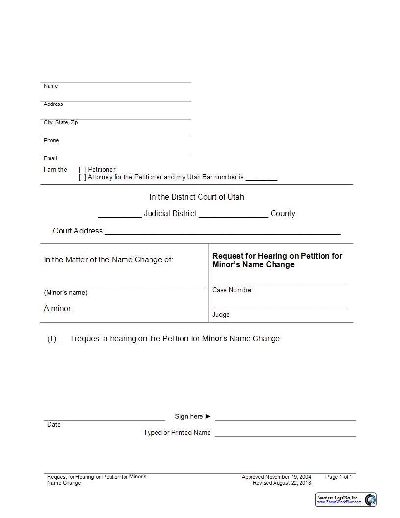 Request For Hearing On Petition For Minors Name Change | Pdf Fpdf Docx | Utah