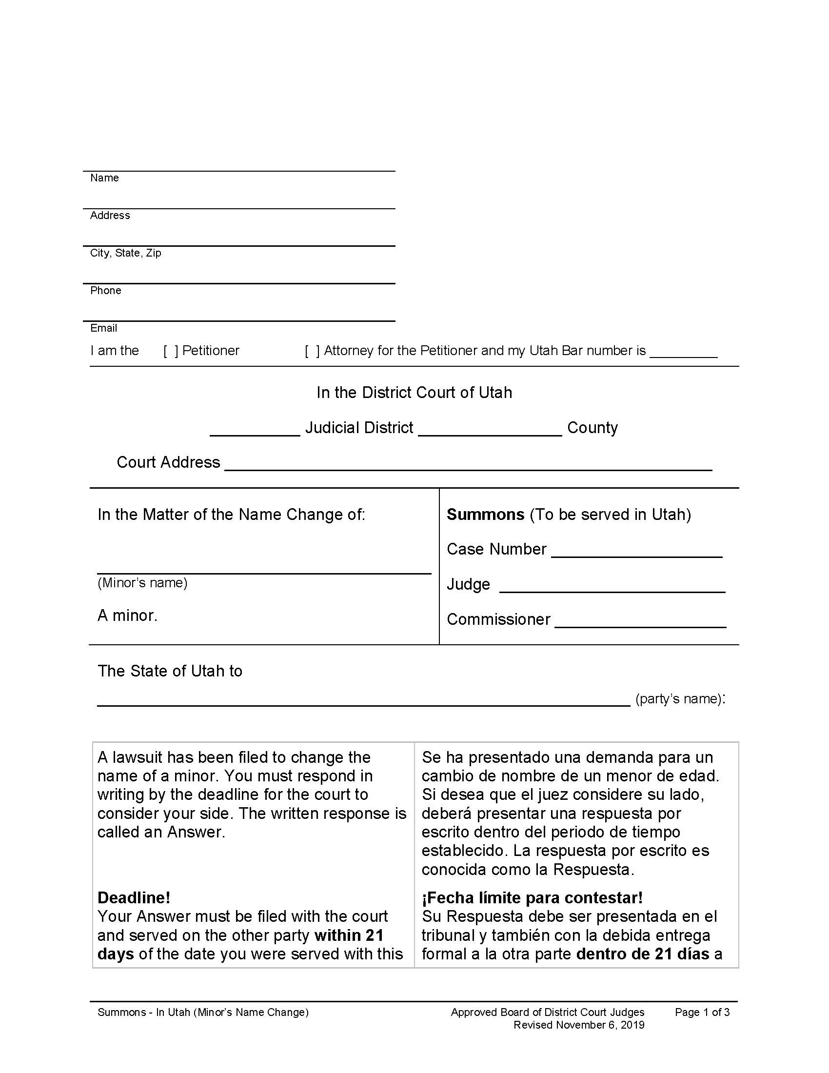 Summons - In Utah (Minors Name Change) | Pdf Fpdf Doc Docx | Utah